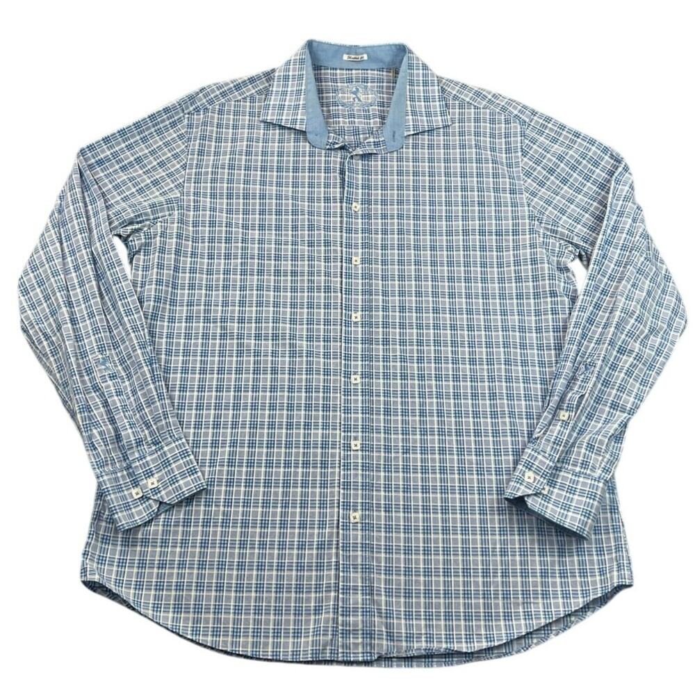 Bugatchi Uomo Shaped Fit Plaid Shirt Men XXL Blue Cotton Button Up Designer